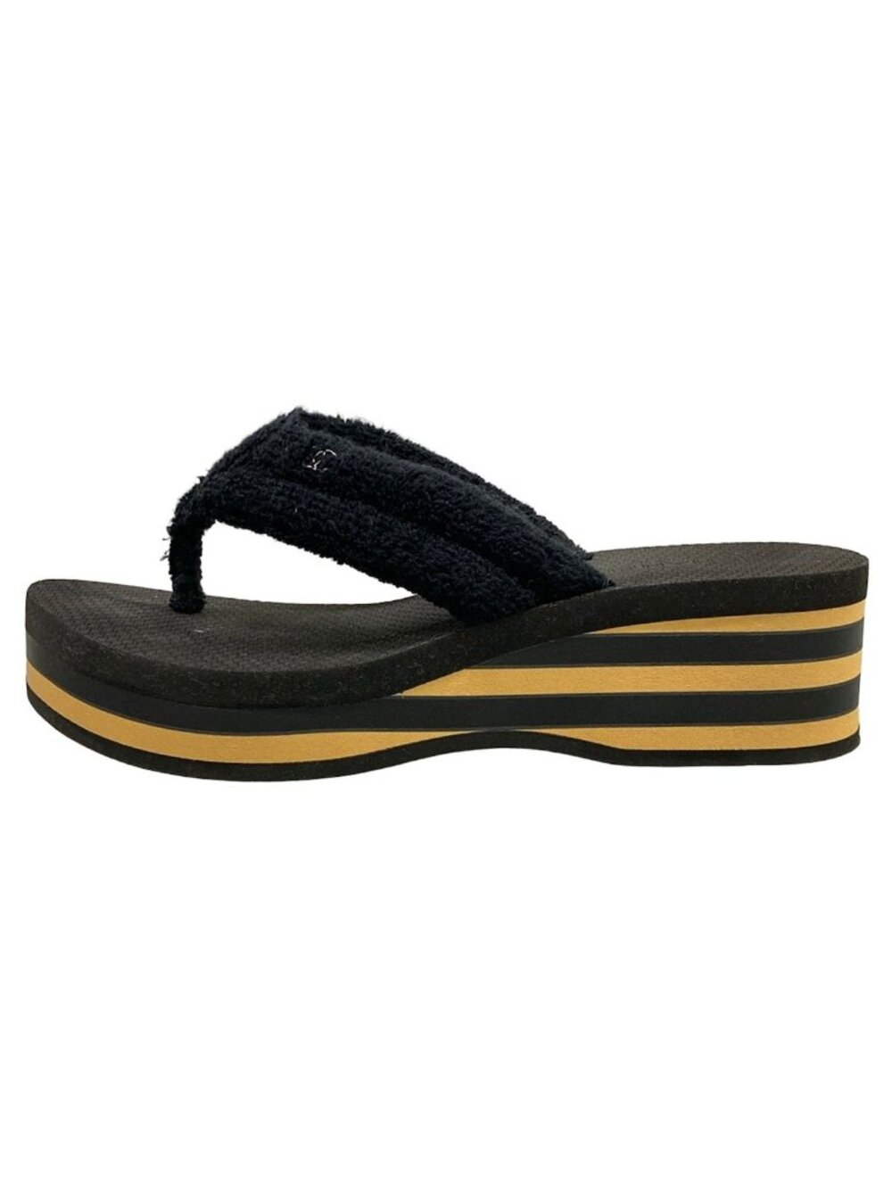 Chanel Beach Sandals Black Light Brown CC Logo Border Wedge Cotton